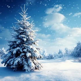 Majestic Snow-Covered Pine Tree in Winter Scene