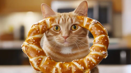 Cute Cat with Pretzel in Kitchen Setting
