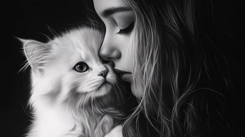 Intimate Close-Up Portrait of Girl with Fluffy Kitten