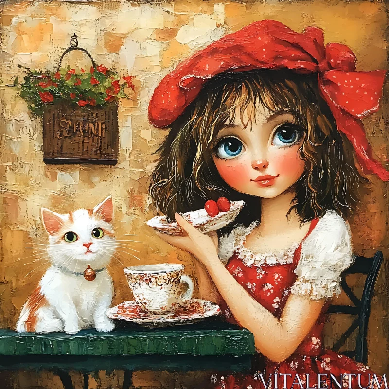 Young Girl in Red Dress with Cat