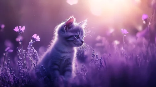 Kitten in Sunlit Purple Flower Field