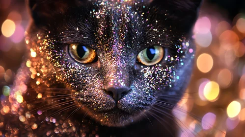 Glitter-Covered Black Cat with Bokeh Background
