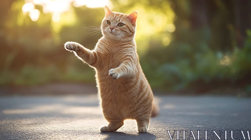 Playful Ginger Cat on Hind Legs in a Sunlit Outdoor Setting