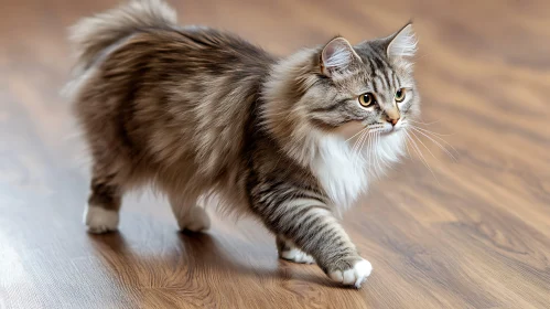 Charming Fluffy Cat on Hardwood Floor