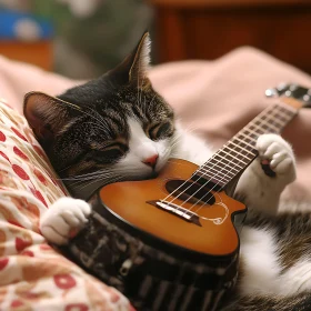 Cute Cat Relaxing with Guitar