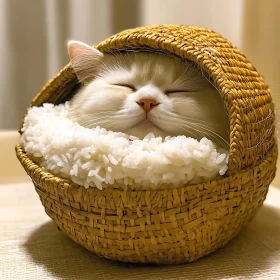 Cute Sleeping Cat in a Cozy Rice Basket