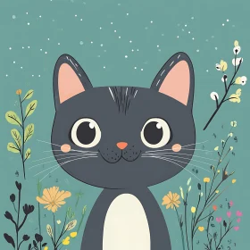 Whimsical Black and White Cat in Floral Setting