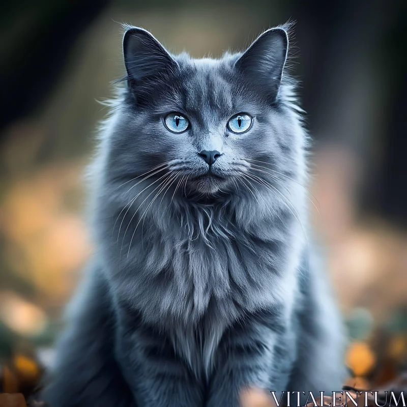Gray Cat with Blue Eyes in a Natural Autumn Background