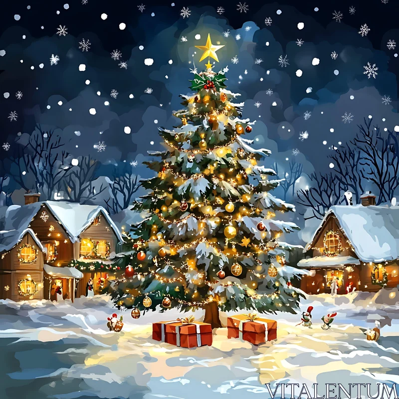 Festive Christmas Tree with Ornaments and Lights in a Snowy Winter Village