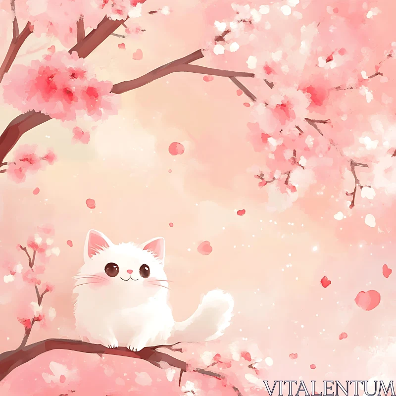 Cute Feline in Cherry Blossom Tree