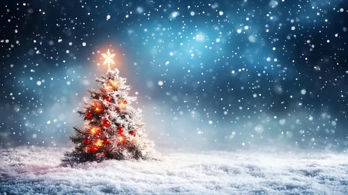 Festive Christmas Tree in Winter Night