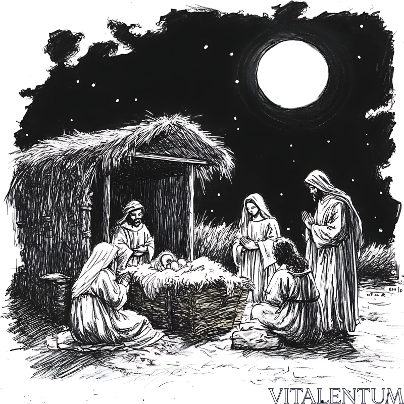 Illustration of Nativity Scene at Night