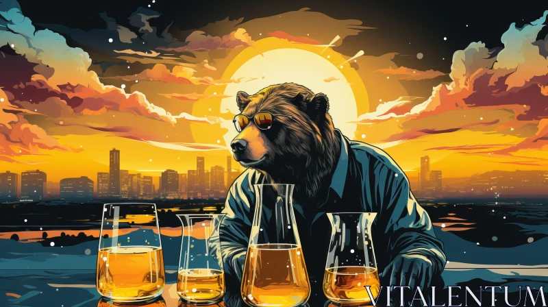 Bear with Beer Glasses Amidst Cityscape - Pop Art Illustration AI Image