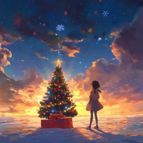 Magical Sunset with Christmas Decorations and Snowflakes
