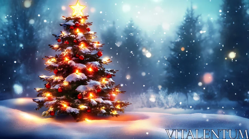 Glistening Christmas Tree Amidst Snowy Woods