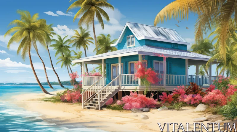 Captivating Blue House in a Tropical Paradise - Digital Painting AI Image