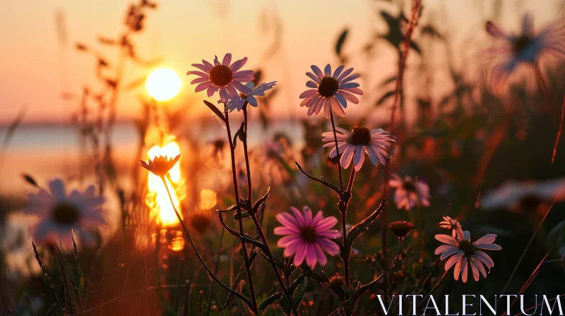 Close-up of Daisies in Field at Sunset AI Image