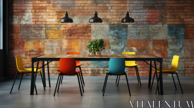 Colorful Chairs in Industrial Chic Interior with Brick Wall AI Image