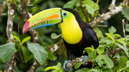 Colorful Toucan on Green Rainforest Branch