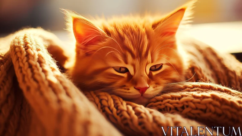 Cozy Ginger Kitten Sleeping on Brown Blanket AI Image