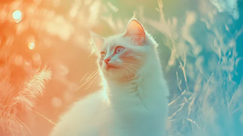 White Fluffy Cat Amidst Soft Sunlight
