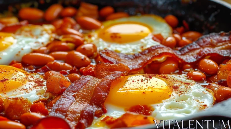 Delicious Breakfast of Bacon, Eggs, and Beans in a Skillet