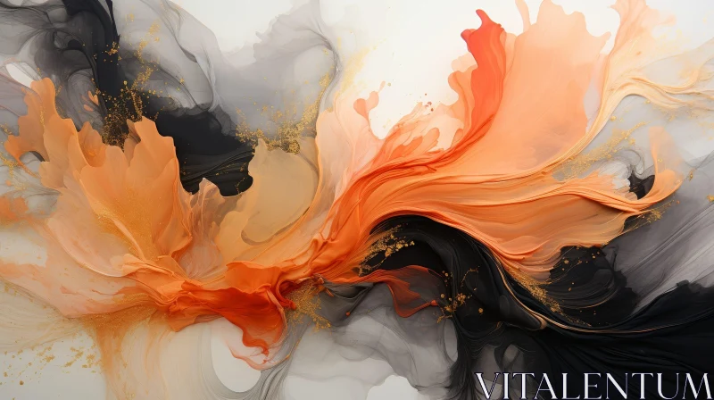 Dynamic Abstract Painting in Orange, Black, and Gold