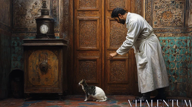 Vintage Interior Scene with Man and Cat
