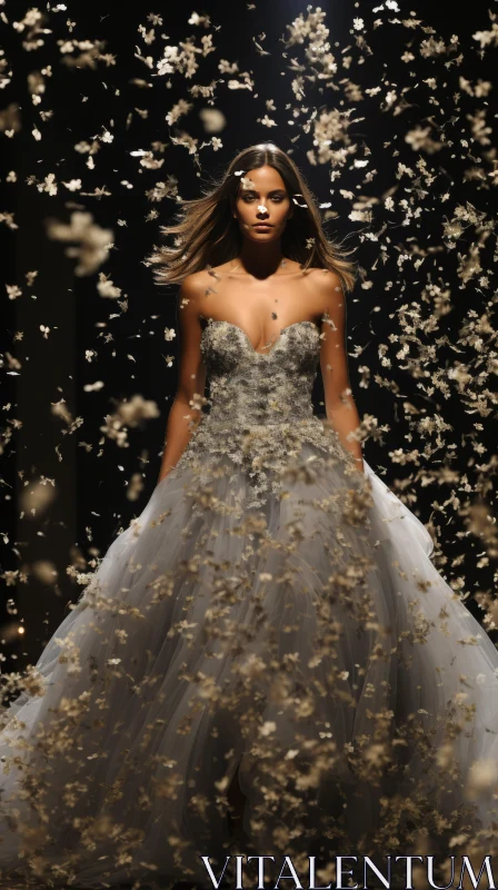 Fashion Photography: Woman in Wedding Dress Surrounded by Silver Petals AI Image