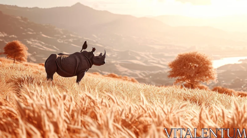 Majestic Rhinoceros in a Serene Field at Sunset AI Image