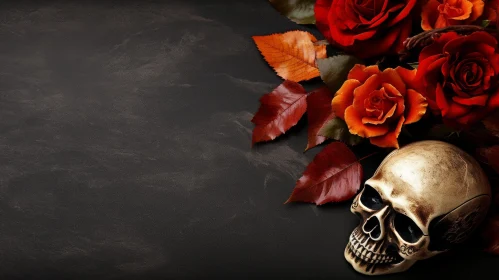 Mysterious Skull with Red Roses on Dark Background