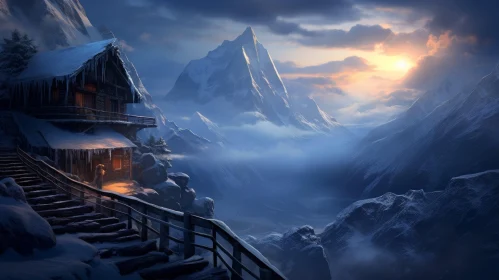Serene Cabin in Snow-Covered Mountains | Zen-inspired Art