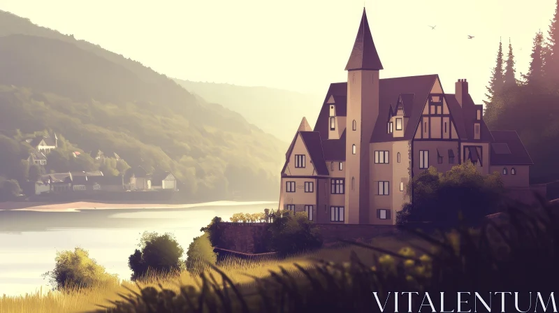 AI ART Serene Landscape: Majestic Castle Amidst Nature's Beauty