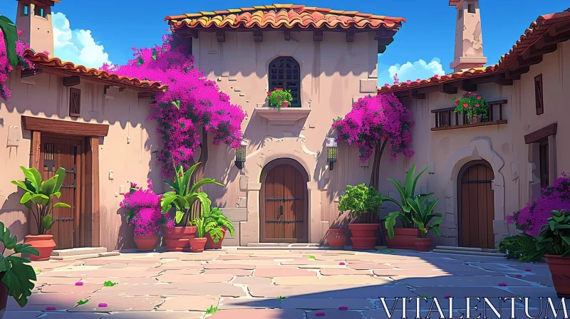 Spanish-Style Courtyard Illustration AI Image