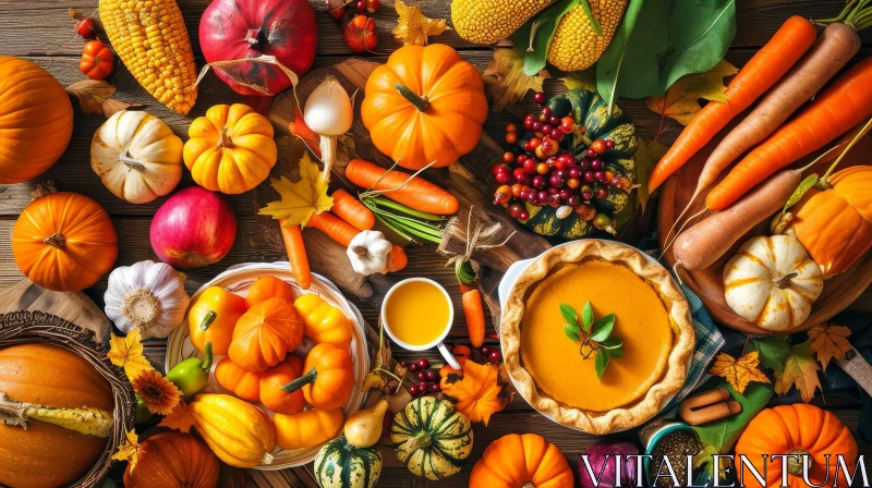 Thanksgiving Still Life: A Bountiful Feast of Autumn Vegetables and Fruits AI Image