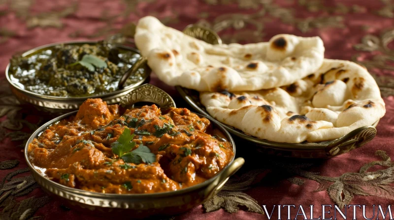 Traditional Indian Meal with Green and Orange Curries | Naan Bread AI Image