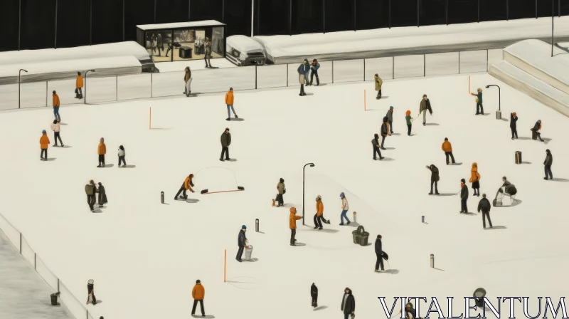 Winter Sports Painting: People Playing in the Snow on an Ice Rink AI Image