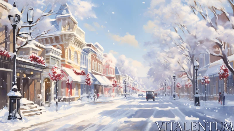 AI ART Snow-Covered Town Street with Holiday Cheer