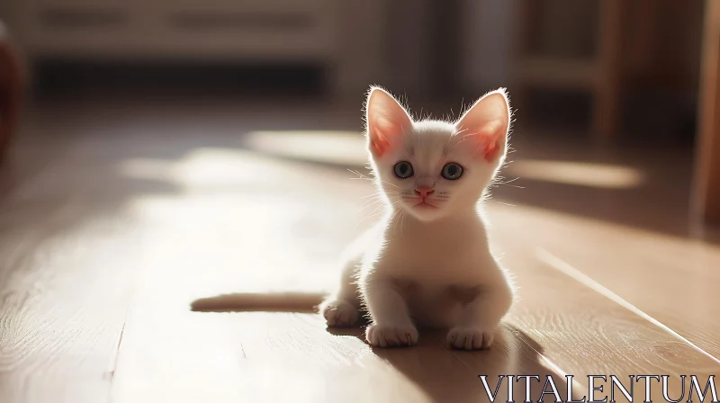 Cute White Kitten on Wooden Floor AI Image