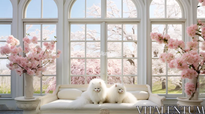 AI ART Luxurious Interior with Dogs and Cherry Blossoms