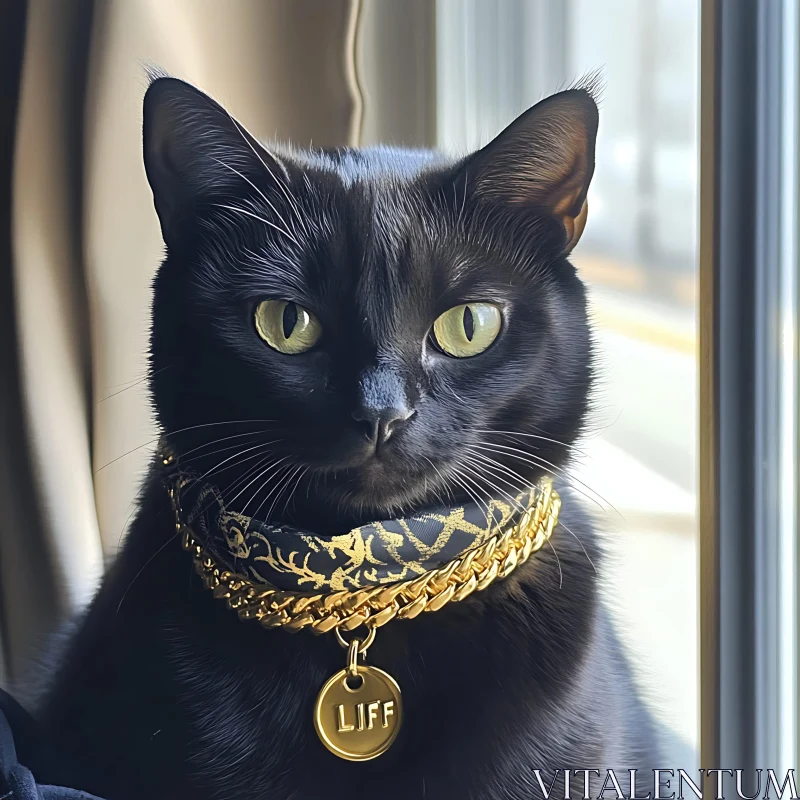 AI ART Elegant Black Cat Wearing Golden Collar