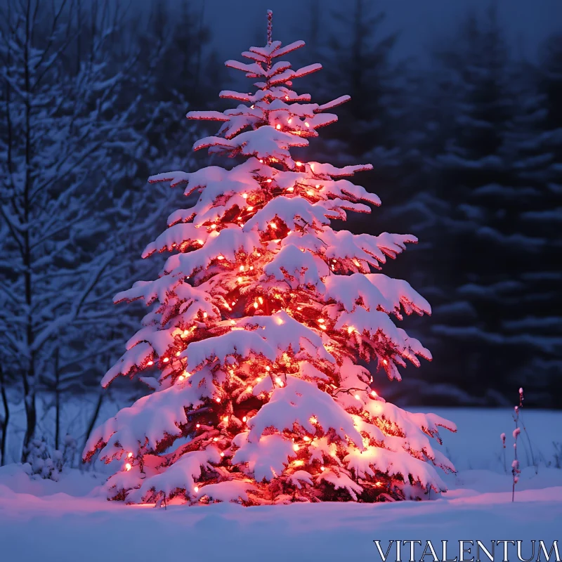 AI ART Illuminated Snowy Christmas Tree on a Winter Night