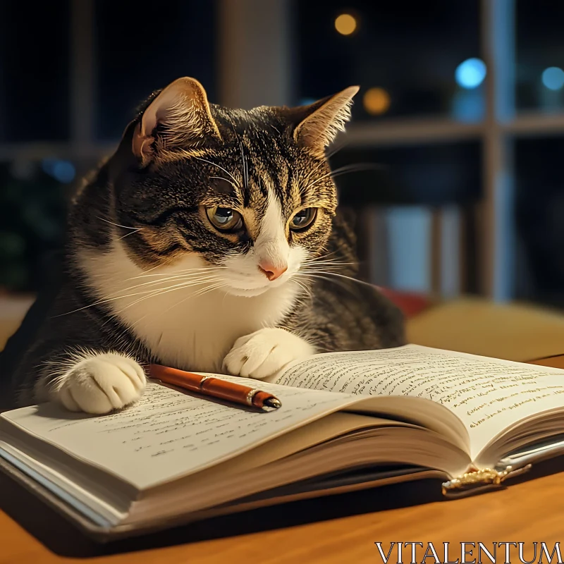 Cat Studying with a Book and Pen AI Image