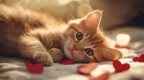 Cute Kitten Resting with Red Hearts