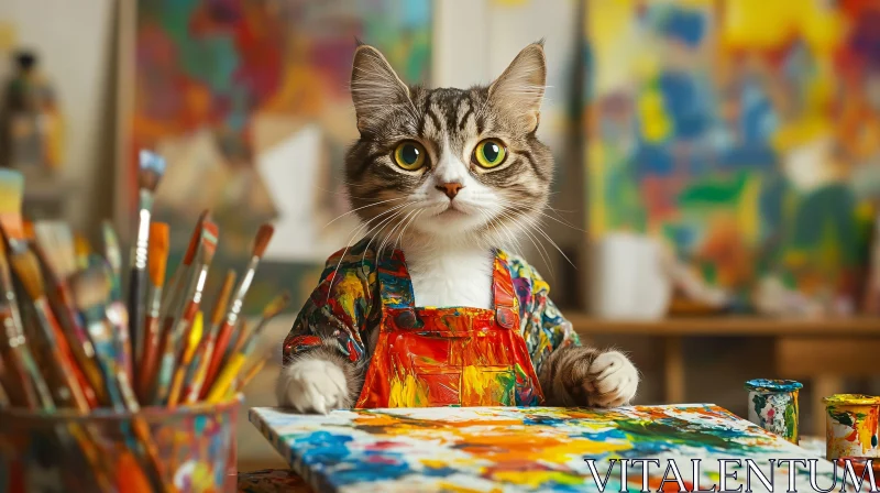 AI ART Cute Feline Painter in Vibrant Overalls