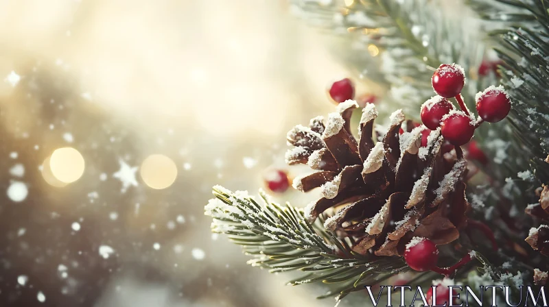 Festive Pinecone and Snow-Dusted Red Berries AI Image