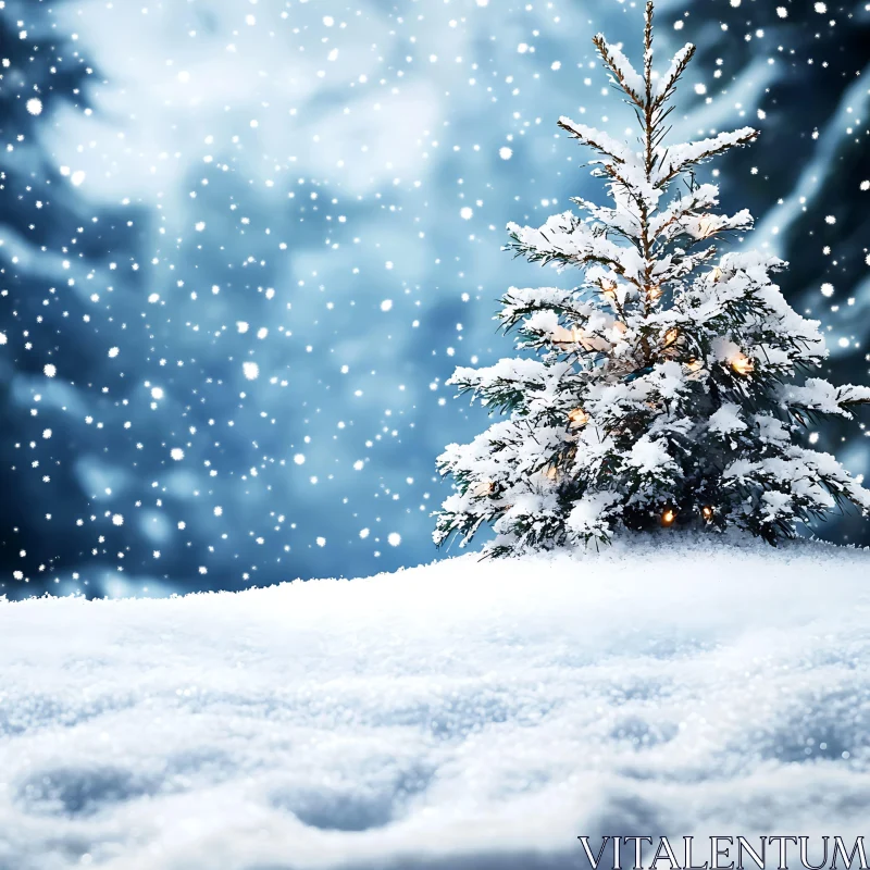 Serene Snowy Landscape with Festive Tree AI Image