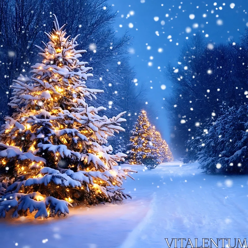 Snowy Christmas Tree Pathway at Night AI Image