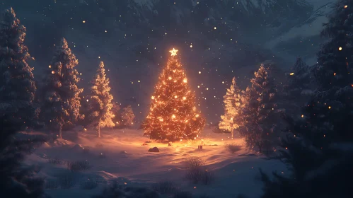 Illuminated Christmas Tree in Winter Wonderland