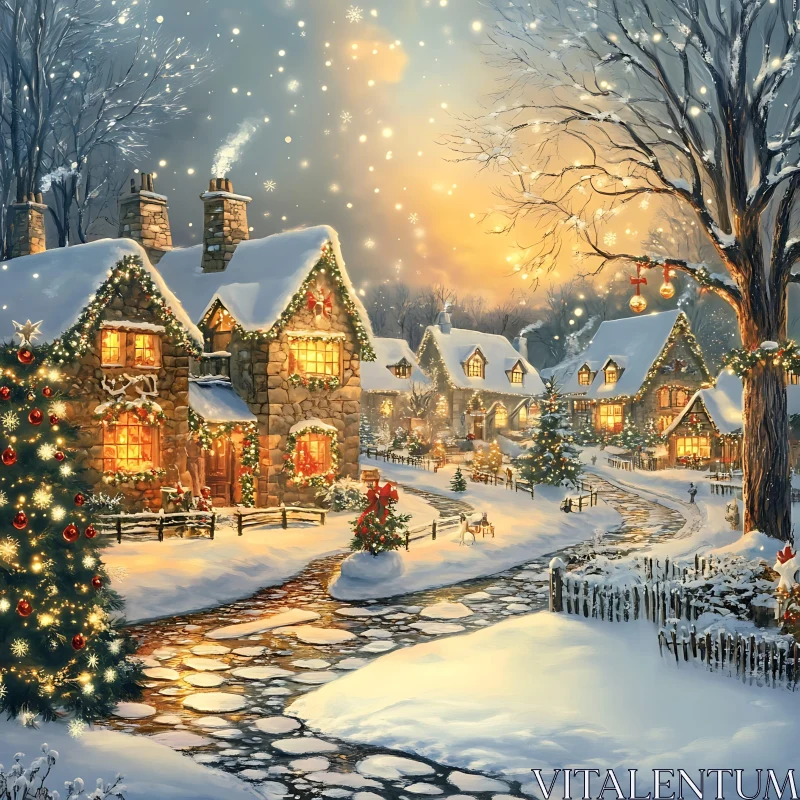 Snowy Holiday Village with Christmas Decorations AI Image